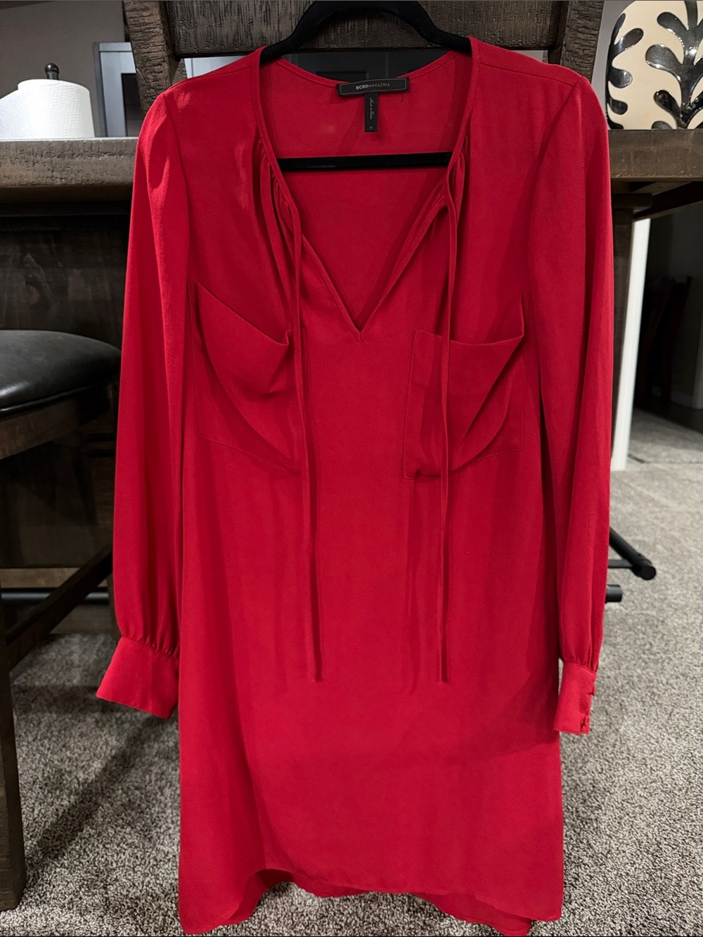 BCBGMaxAzria Red Long-Sleeve Tie-Neck Shift Dress